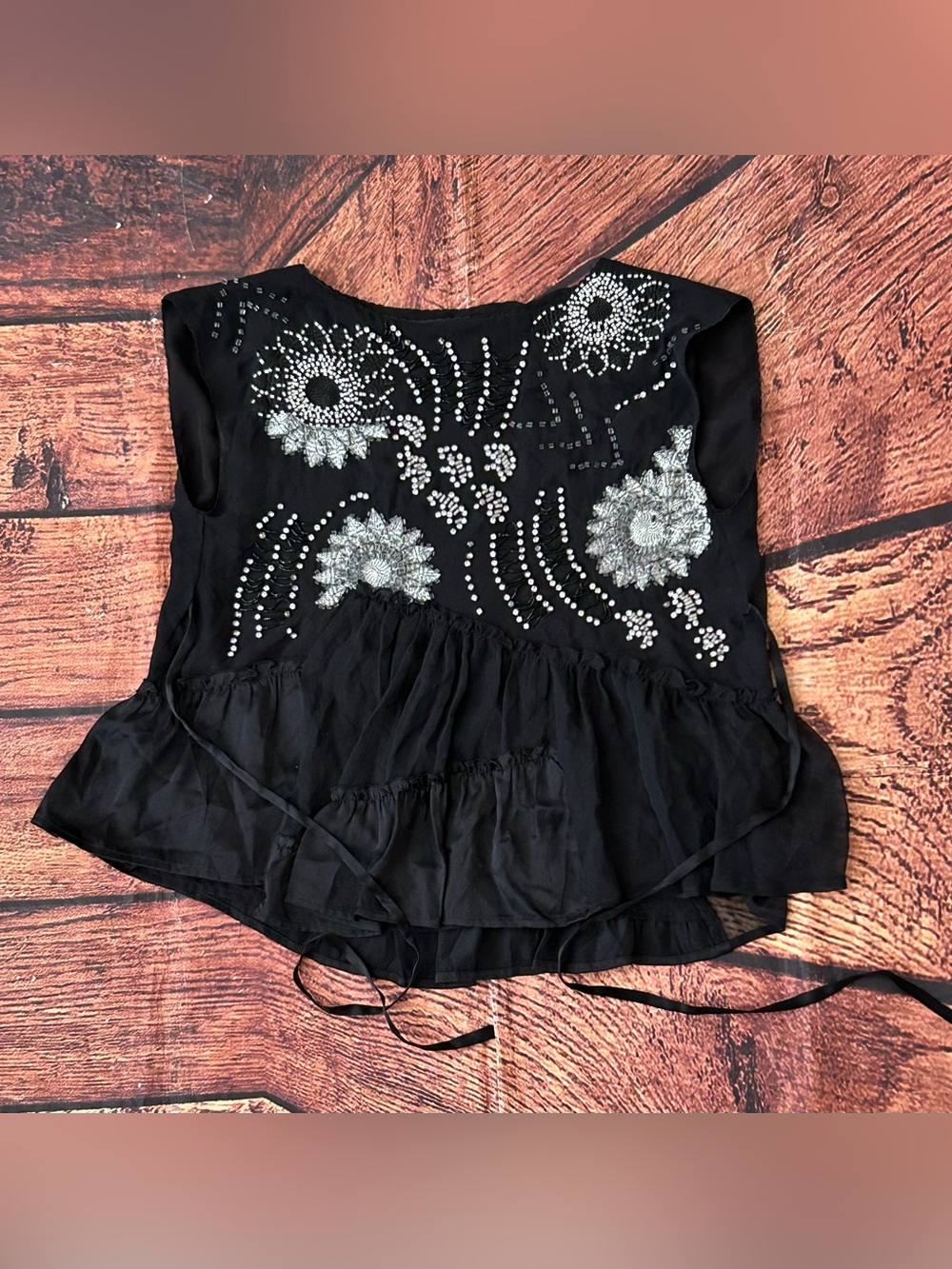 Nanette Lepore Stellina Beaded Silk Top Sequined Floral Peplum Blouse Size Small